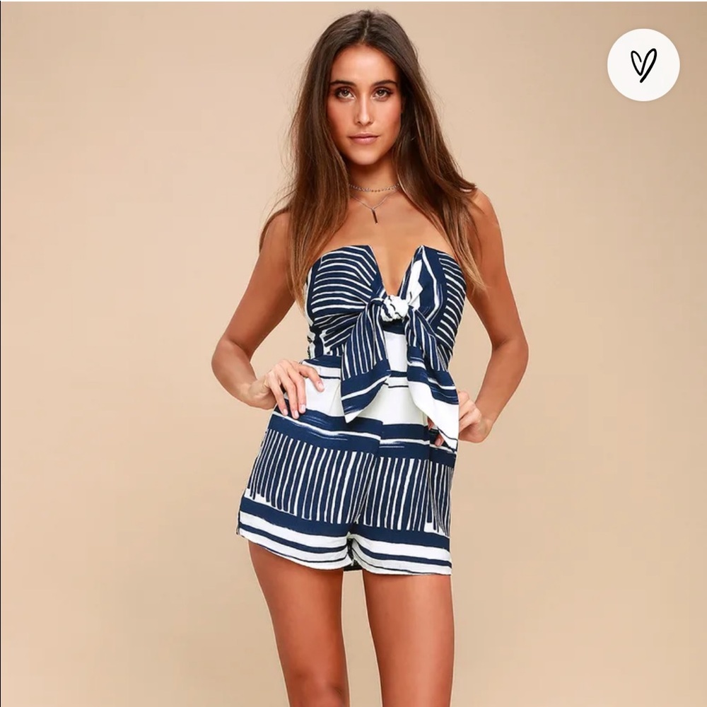 Delphi Blue and White Striped Tie-Front Strapless Romper